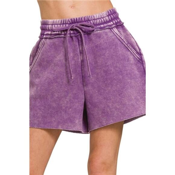 Zenana Acid Wash Fleece Drawstring Shorts With Pockets - Picture 1 of 3